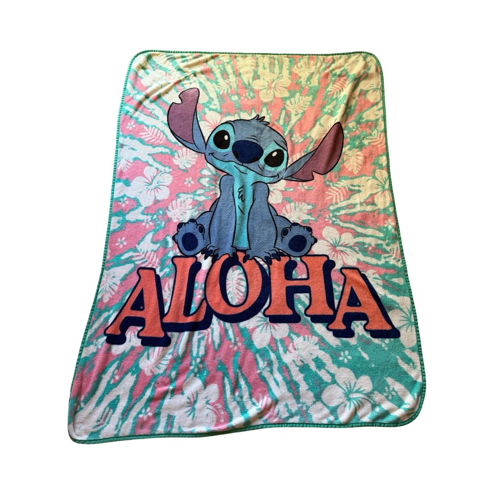Disney Stitch Aloha Tie Dye Tropical Plush Throw Blanket Pink Teal Blue Floral